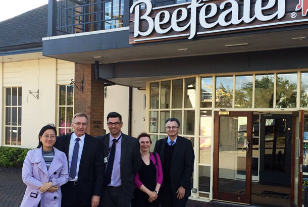 (from left to right) Yi Zhang, Brian Strutton, Harvey (Beefeater Manager), Sarah Brown, Tony Studd