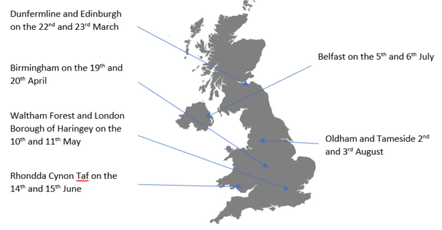 Map of UK with LPC visit locations and dates marked.